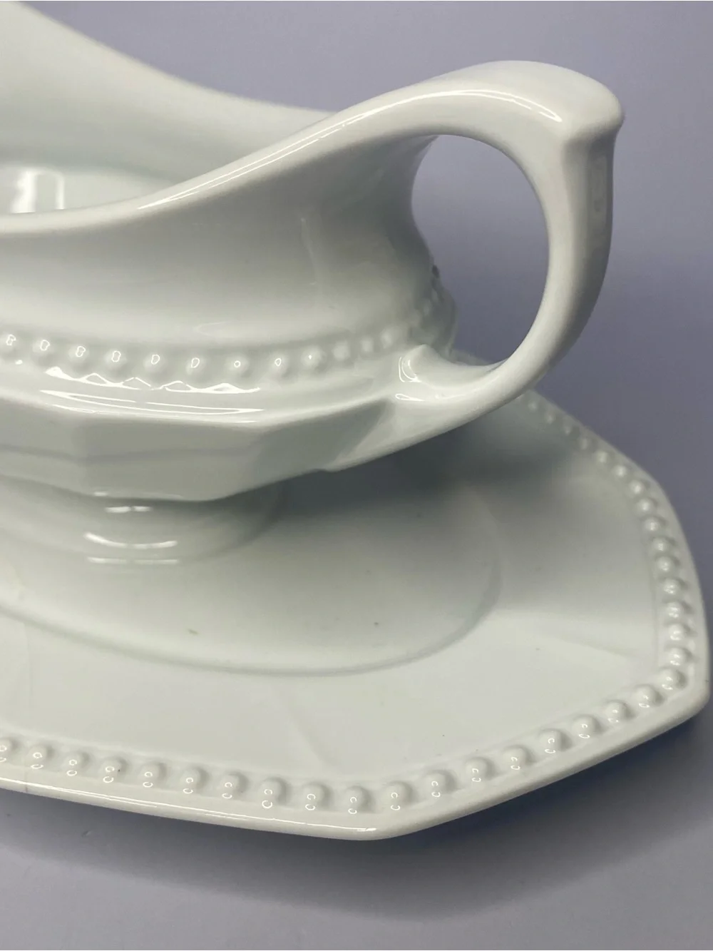 Vintage Hutschenreuther Porcelain Gravy Boat Attached Underplate White Beaded